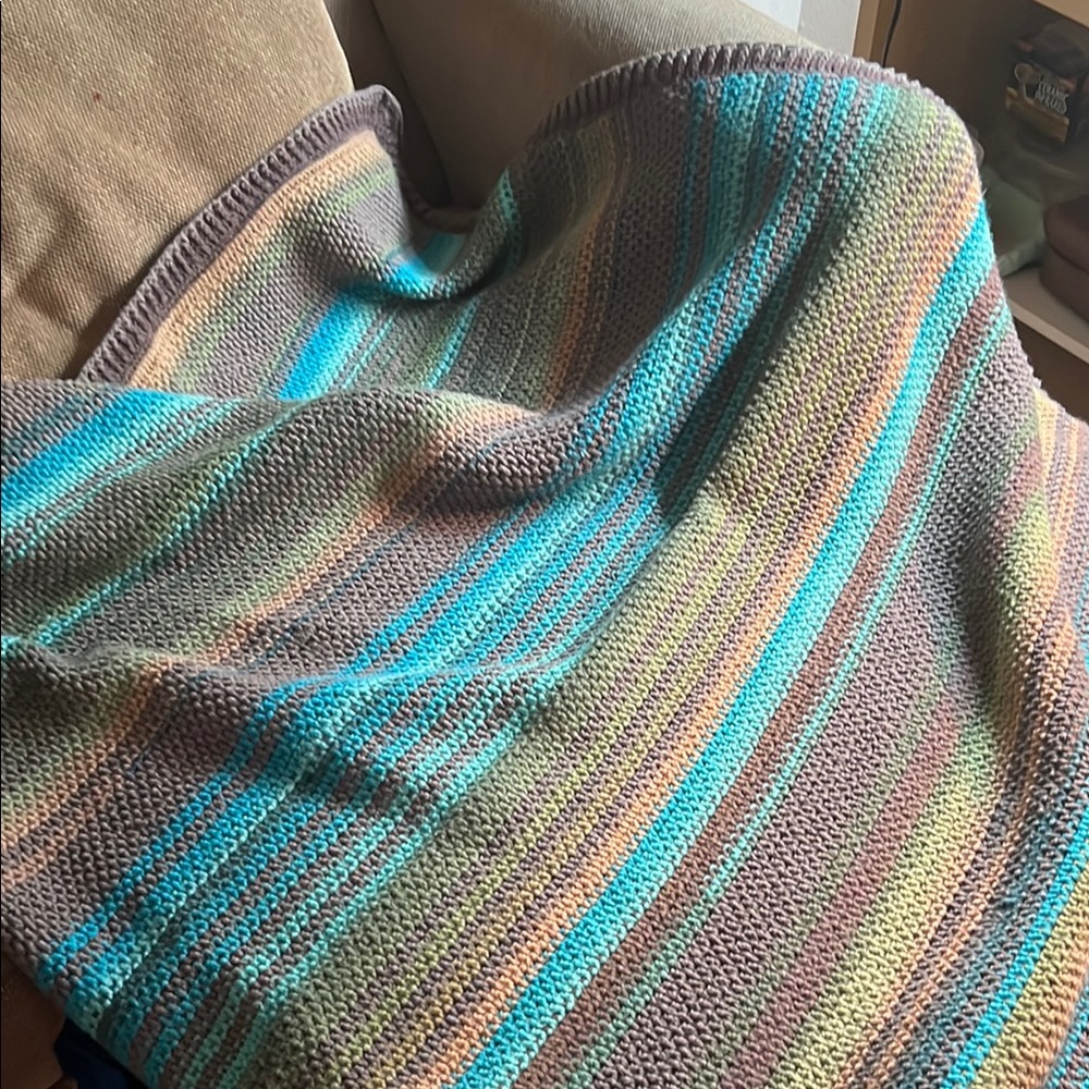 *SOLD*‎ Handmade linen stitch crochet blanket/throw blue/brown hues 56x50